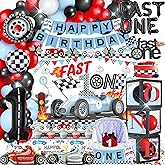 Fast One Race Car Birthday Decorations for Boys - 1st Birthday Set With Photo Banner and Balloon Box