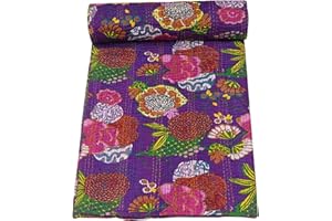 Marubhumi Indian Handmade Stitched Pure Cotton Fruit Print Kantha Quilt, Reversible Kantha Quilt (Purple, King (108"x 108"))
