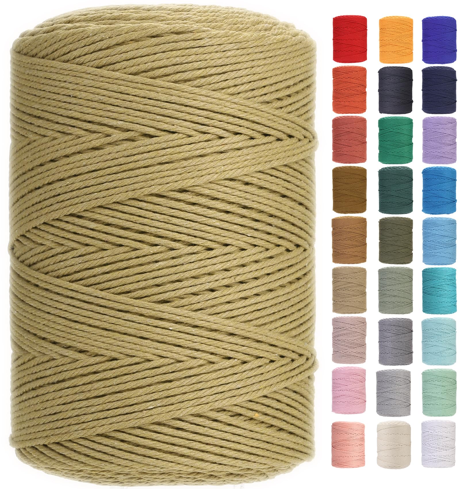 GOHOF Macrame Cord 3mm x 450m Premium Cotton Macrame Rope, 4 Strand Twisted Soft Cotton Cord, One of The Most Perfect Materials for Macrame Art, Cotton String Without Chemicals (Dark Khaki) — image 1