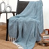 RAJRANG Rustic Throw Blanket with Decorative Tassel Cotton Throws Geometric Woven Soft Patio Comfy Blankets Teal Blue - 50 x 60 Inches