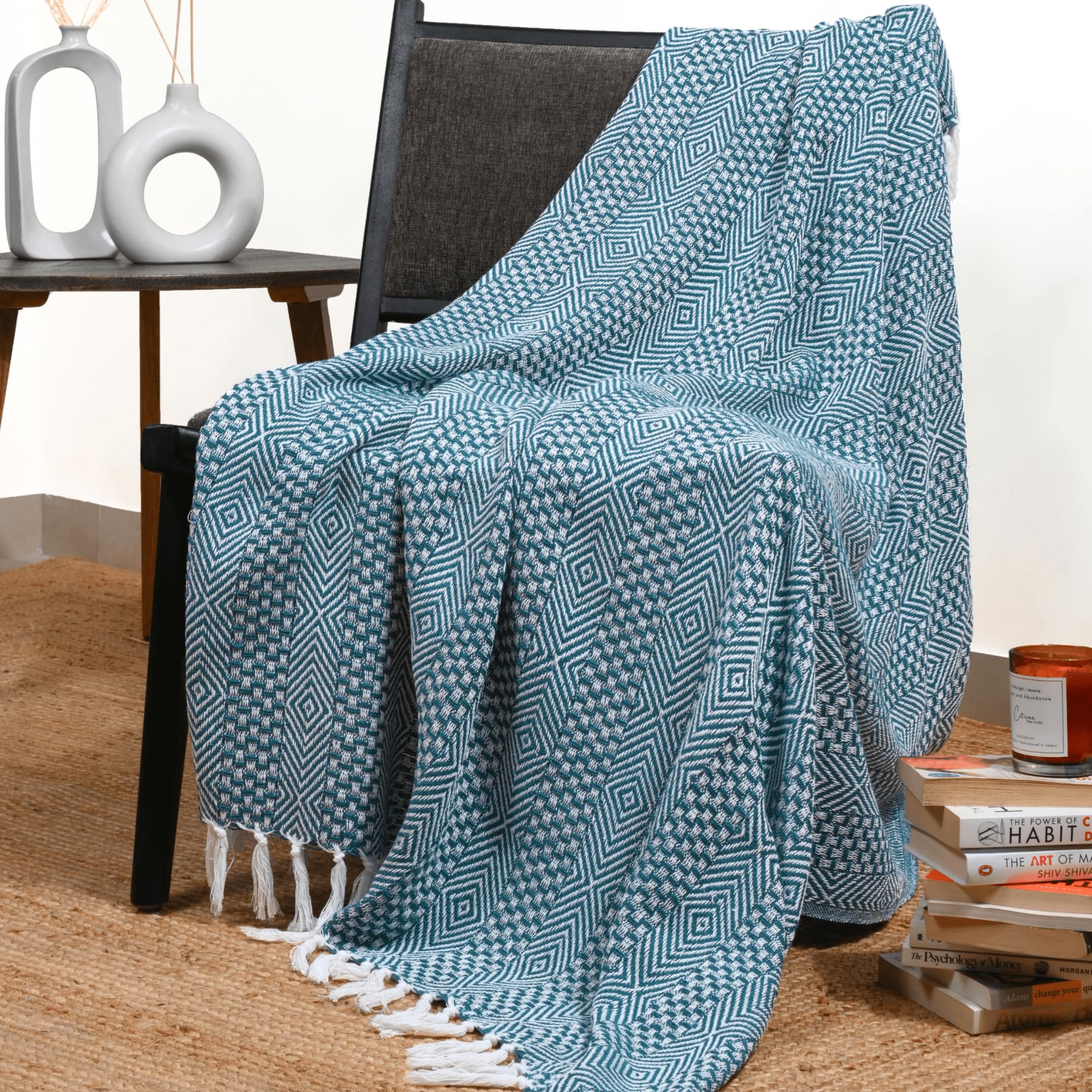 Rustic Throw Blanket with Decorative Tassel Cotton Throws