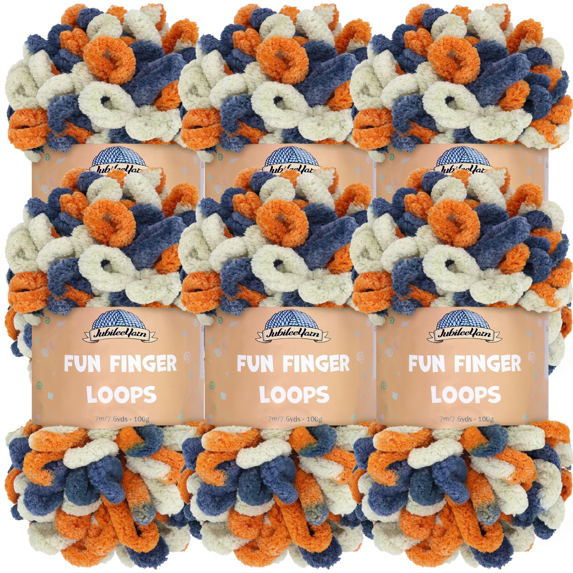 JubileeYarn Fun Finger Loops Yarn - Polyester Jumbo Weight Loop Yarn - 100g/Skein - Orange Navy Tan - 6 Skeins — image 1