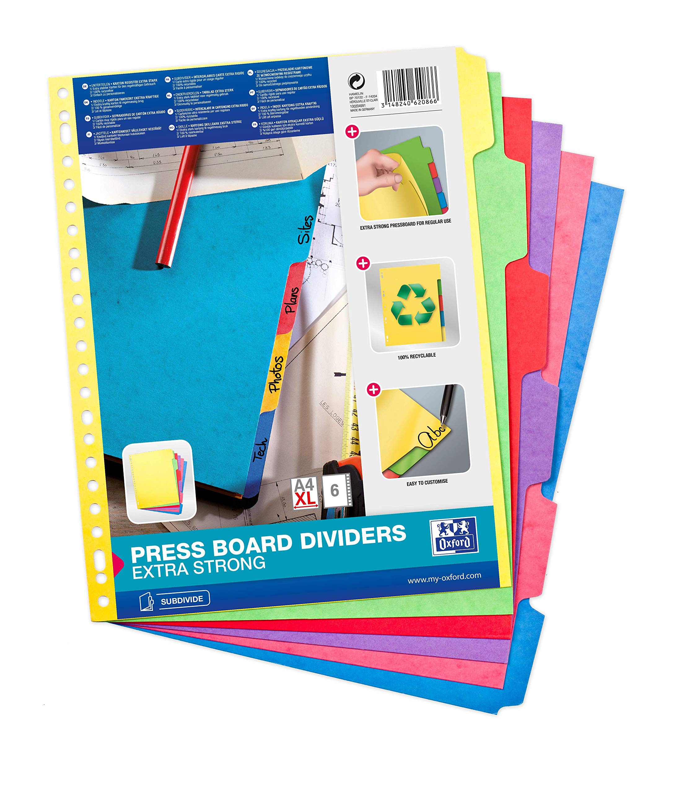 Elba stevige gekleurde Cardboard tabbladen A4 XL 6 tabs onbedrukt 23 gaats assorti