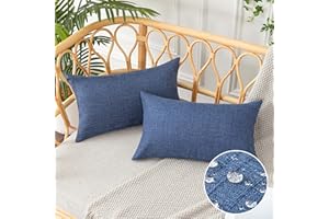 UGS UGASA UGASA Outdoor Throw Pillow Covers Pack of 2 Plaid Texture Waterproof Farmhouse Linen Decorative Lumbar Cushion Pillows Covers for Patio Porch Outside Yard Garden Bench 12x20 Inch, Blue