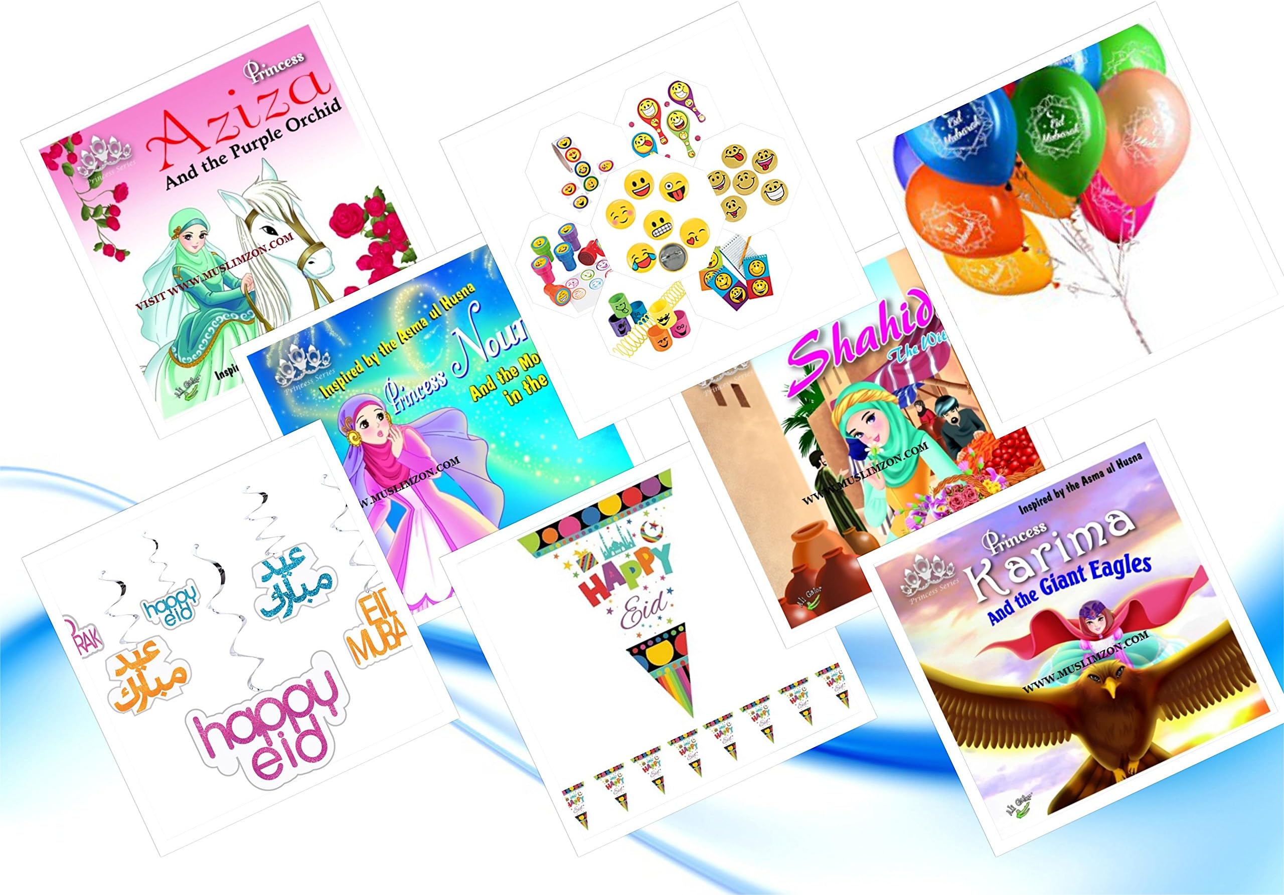 Princess Series Eid Fun Good Pack Set 1: Four Titles Based on 99 Names of Allah: Princess Aziza, Karima, Noura & Shahida Books with Eid Mubarak Swirls, Happy Eid Flags, Eid Balloons & Emoji Goody Pack