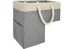 SAM AND MABEL Stair Basket for Stairs - Foldable Staircase Basket with Thick Cotton Rope Handles, Stair Baskets for Carpeted and Wooden Stairs (Lite Cream and Gray with Side Pocket)