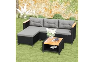 Green4ever 3-Piece Outdoor Patio Furniture Set, All-Weather PE Rattan Patio Sofa with Storage Table, L Shaped Outdoor Couch with Cushions, Small Patio Sectional for Balcony Garden, Grey