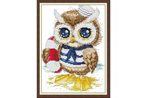 Stitchmelody 14CT Counted Cross Stitch Kits,DMC Unprinted Pattern Embroidery Set Needlework-Learn to Swim Owl 8.2''×11.4''