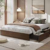 GarveeHome Wood Platform Bed Frame, Full Bed Frame with 2 Drawers | Floor Bed Frame, Low Profile Design, Wood Slat Support, No Box Spring Needed, Easy Assembly