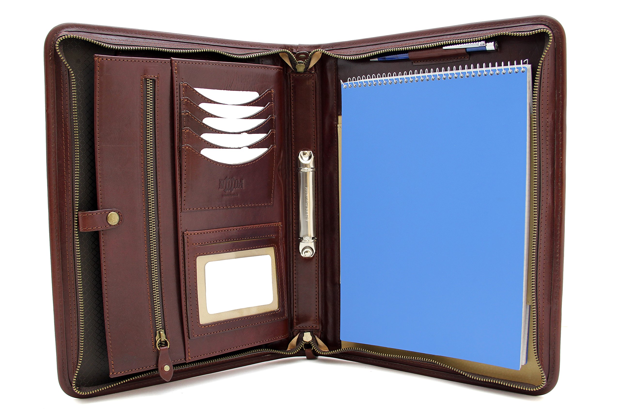 Noda Executive Leather Padfolio 2 Ring Binder Professional Business Portfolio w/Zippered Closure | Resume, Document, Notepad, Tablet, Writing Pad Organizer | Men, Women (Brown)