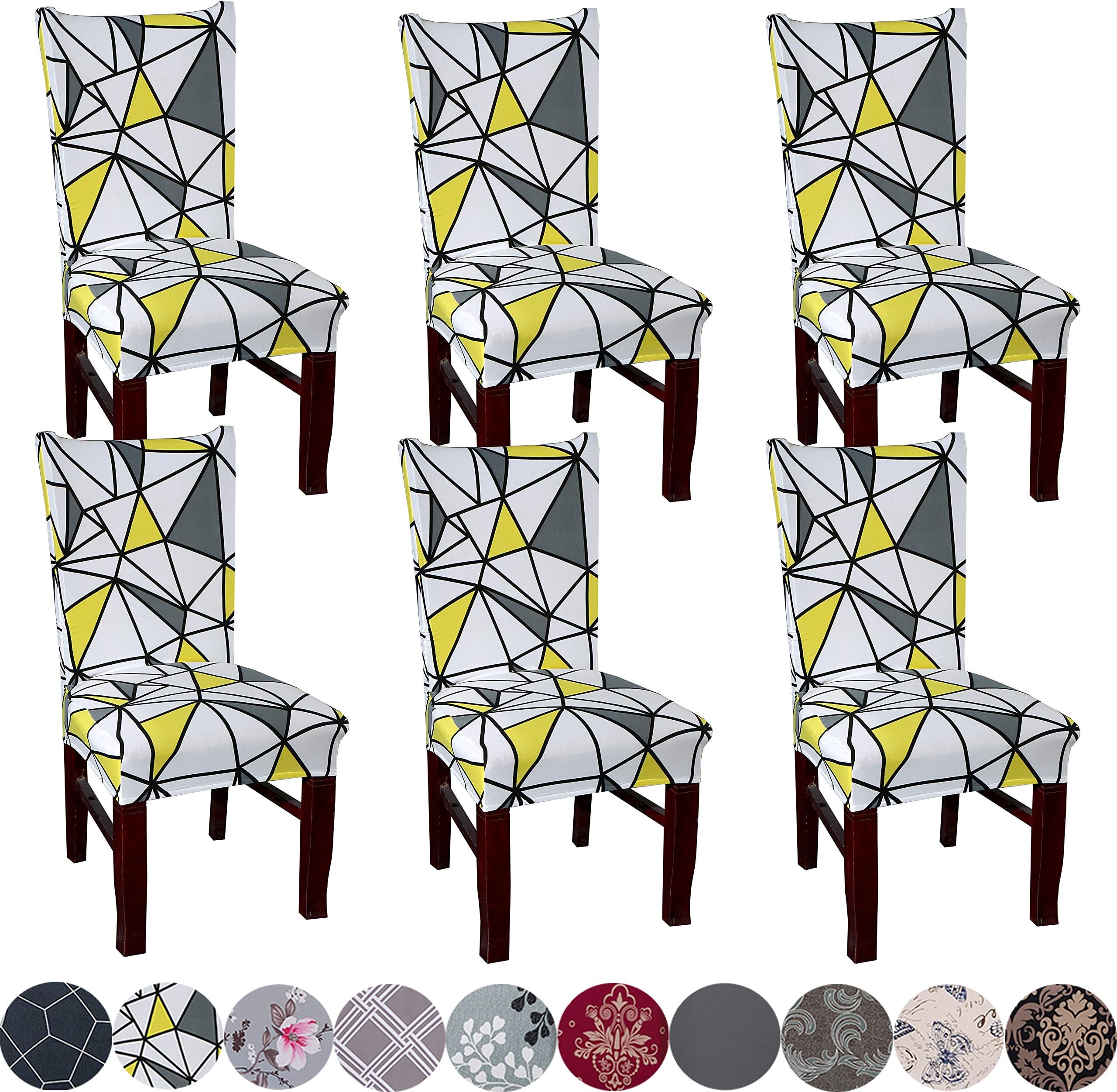 Lalluxy Stretchy Parson Chair Slipcovers for Dining Room Chair seat Covers Chair Protectors for Party Pet Protection Universal Fit Soft Polyester (Set of 6, Yellow Gray Triangle)
