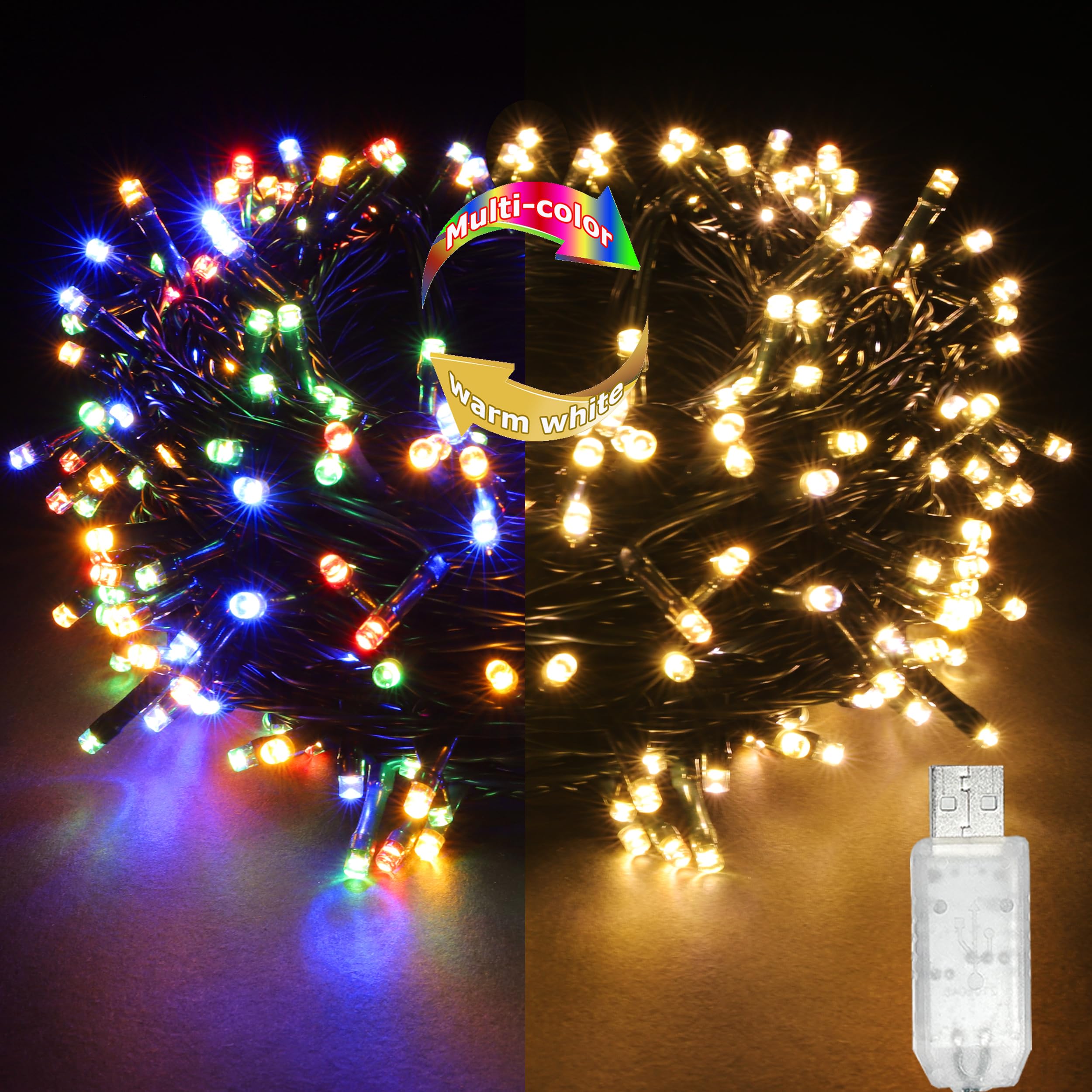 YOSION 100 LED Fairy String Lights, Christmas Lights with Timer by USB Powered Warm to Multi-Color Color Changing for Indoor/Outdoor, Halloween, Home, Xmas Tree