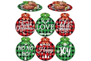 OBUSATT 6 Pack Merry Christmas Placemats Round Christmas Plastic Table Place Mats Xmas Buffalo Plaid Christmas Dining Mats with Bows Washable Xmas Holiday Table Decoration for Indoor Outdoor Christmas Party