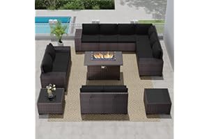 RTDTD Outdoor Patio Furniture Set with Propane Fire Pit Table, 13 Pieces Outdoor Furniture Patio Sectional Sofa Conversation Sets w/ETL Approved 43" Gas Outdoor Fire Table & Coffee Table(Black)