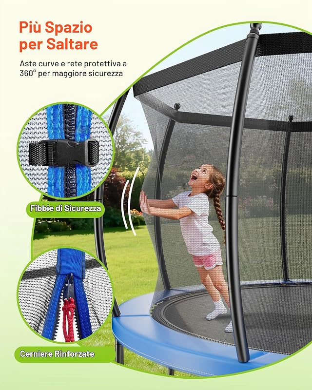 Trampolino Elastico per Bambini, Trampolino da Giardino da 3050 mm con Rete di Protezione e Imbottitura Ispessita, Capacità di 150 kg, Trampolini da Giardino Antiruggine Gioco per Bambini