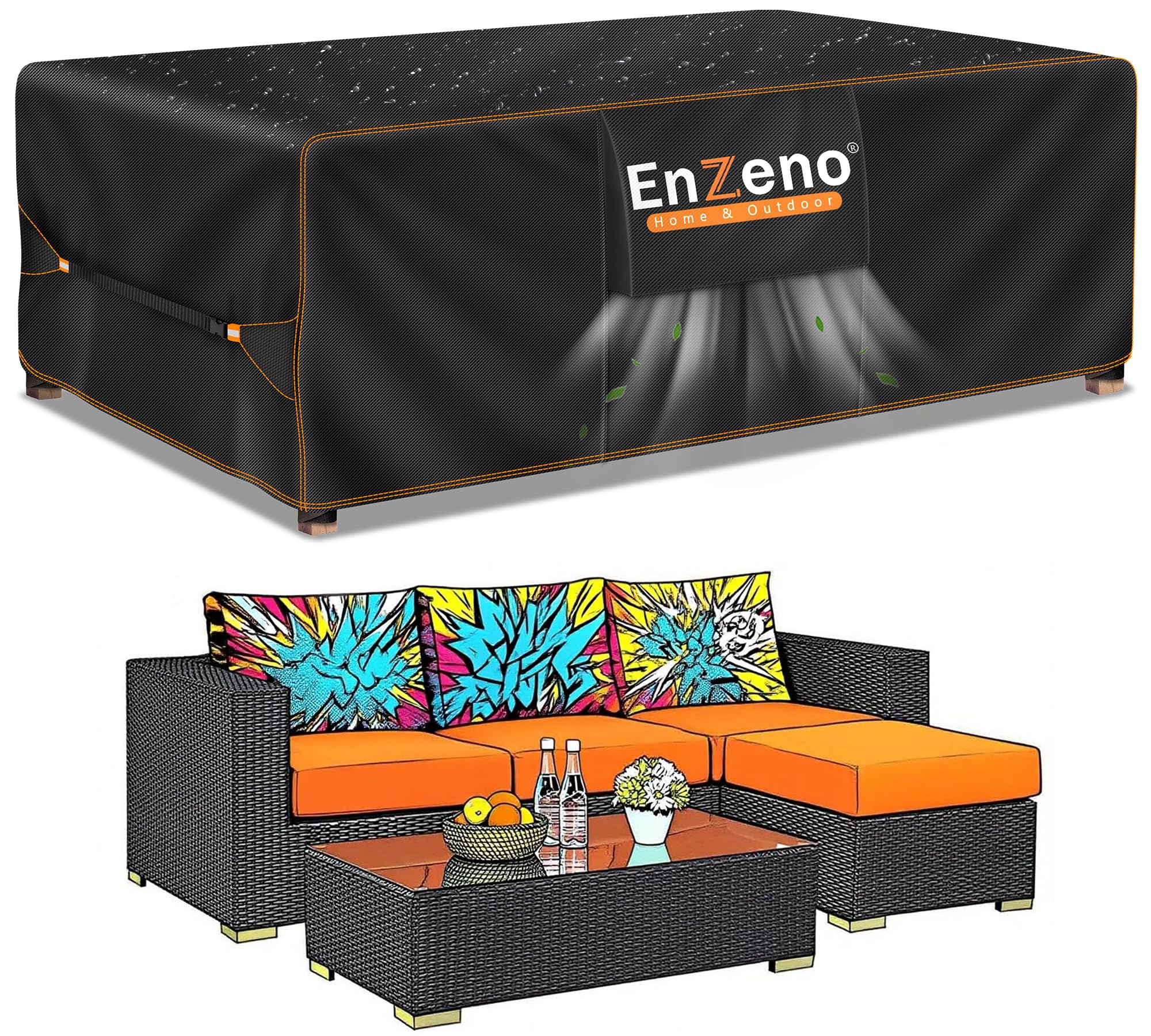 Enzeno Outdoor Garden Furniture Covers Waterproof with Air Vent, 220X100X74 cm, Patio Furniture Cover for outside Rectangle/Rectangular Table and Chair Set, rattan furniture set