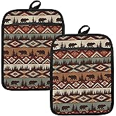 HUGANE Western Aztec Bear Oven Mitts Set, Camping Camper RV Gifts, Aztec Native Tribal Heat Resistant Kitchen Oven Gloves for Baking and Cooking,Pot Holders