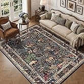 NakedCloud 5x7 Washable Area Rug Vintage Animals Print Boho Indoor Carpet | Non Slip, Low Pile, Stain Resistant, Black Floral Animal Print Rug, for Living Room Bedroom Dining Room, Nursery, Home Office