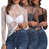 Huukeay 3 Pack mesh Long Sleeve Tops for Women lace Undershirt Mock Neck Sheer Blouse See Through Floral Clubwear Shirts