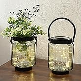 Vintage Glass Farmhouse Vase with Rustic Metal Frame & Faux Greenery, Decorative Lantern Vase for Home Decor, Floral Arrangement, Table Centerpiece, Hostess Gift 2 Pack