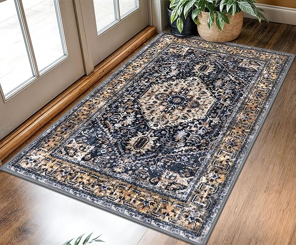 KOZYFLY BOHO AREA RUG 3X5 FT RUGS FOR ENTRYWAY WASHABLE ENTRY RUG NON SLIP DOOR MAT INDOOR ENTRANCE GOLD/ORANGE/NAVY PRINTED FAUX WOOL VINTAGE KITCHEN RUG THROW RUGS FOR ENTRANCE