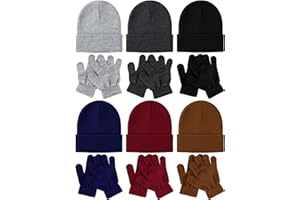 Glooarm 12 Pack Kids Winter Beanies Hats Gloves Set, Boys Warm Winter Caps Knit Full Fingers Gloves for Boys Girls