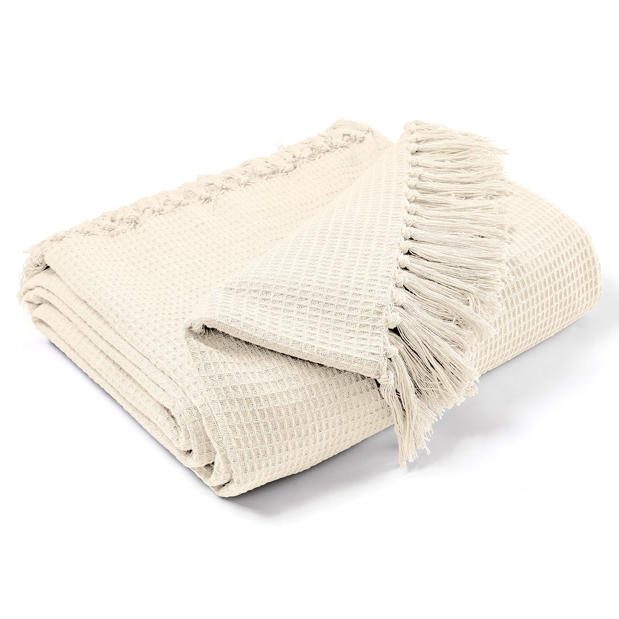 EHC Waffle Cotton Woven King Size Sofa Throw 3 Seater Sofa/Chair/Double Bed, 228 x 254 cm, Cream