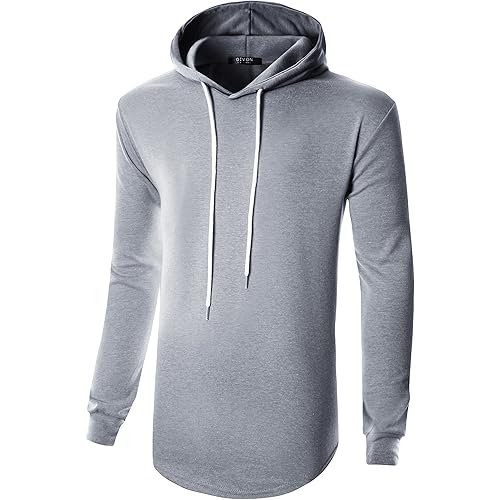 GIVON Mens Hipster Simple Longline Lightweight Pullover Long Sleeve Hooded Shirt