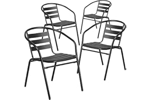 Flash Furniture Aluminum Slat Back Stacking Outdoor Restaurant Chairs, Modern Stackable Patio Chairs for Restaurants, Set of 4, Black