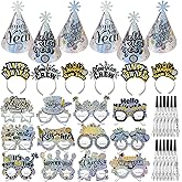HOWAF New Years Eve Party Supplies 2026 Glitter Silver 2026 Glasses New Years Hats Happy New Year Headband Tiara Blowouts NYE Party Favors Accessories Kit for Happy New Year Decorations