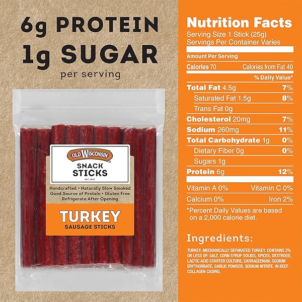 OLD WISCONSIN TURKEY SAUSAGE SNACK STICKS, NATURALLY SMOKED, READY TO EAT, HIGH PROTEIN, LOW CARB, KETO, GLUTEN FREE, 28 OUNCE RESEALABLE PACKAGE