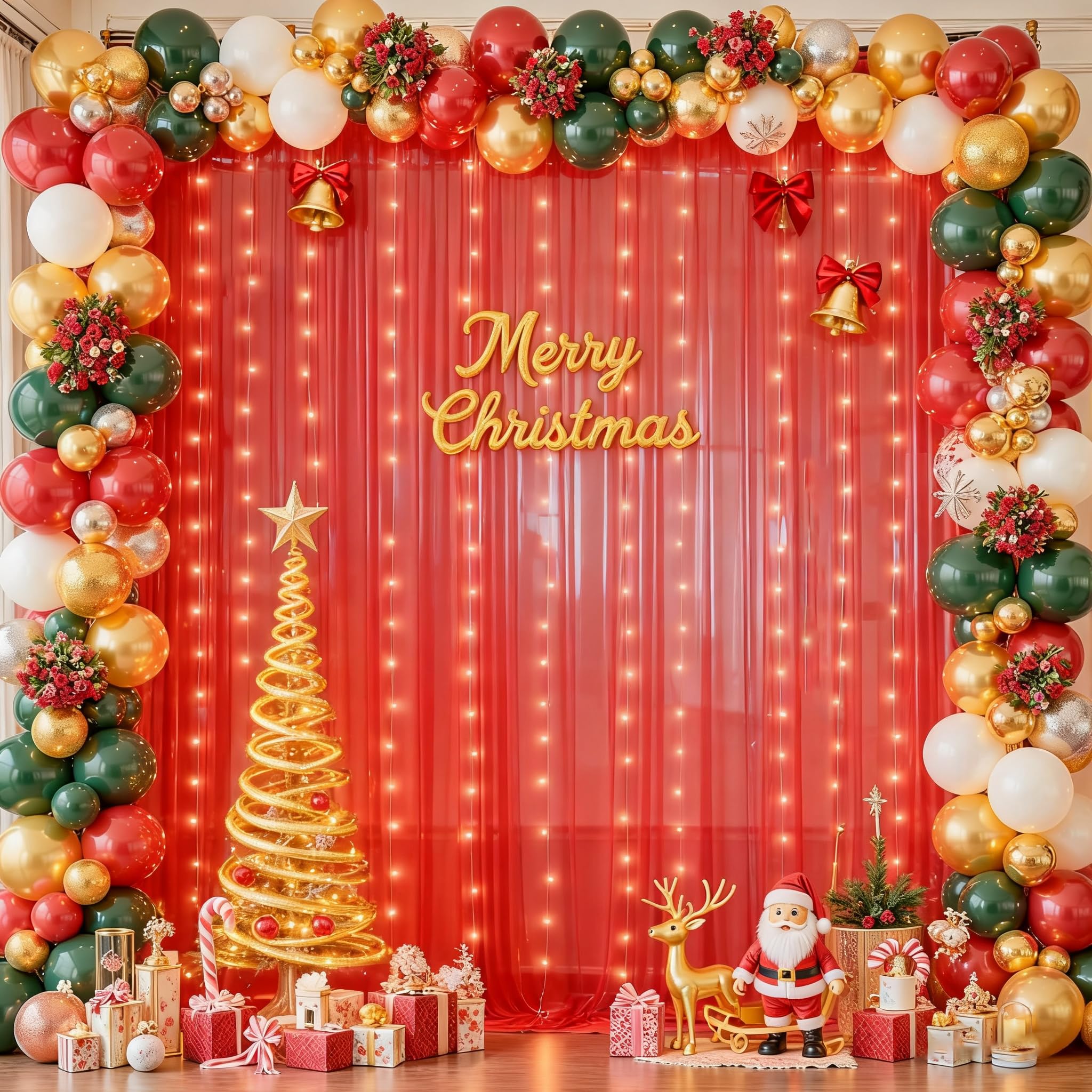 Photo 1 of 10x10ft Red Tulle Backdrop Curtain with Lights String for Parties, Sheer Photo Backdrop Curtains for Christmas Wedding Baby Shower Birthday Party Photo Shoot Decorations