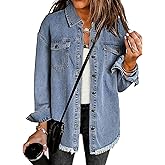 luvamia Denim Jacket for Women Oversized Button Down Casual Jean Shacket Jackets Long Sleeve Frayed Hem Western Trendy
