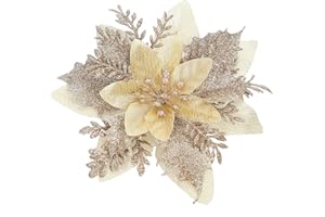 ZHUQING 15Pcs Christmas Poinsettia Artificial Flowers Decorations, Glitter Poinsettia Christmas Tree Ornaments, Champagne Tree Flowers for Xmas/Holiday/Wreath/Garland Decor, with Cilps, 5.5 Inch
