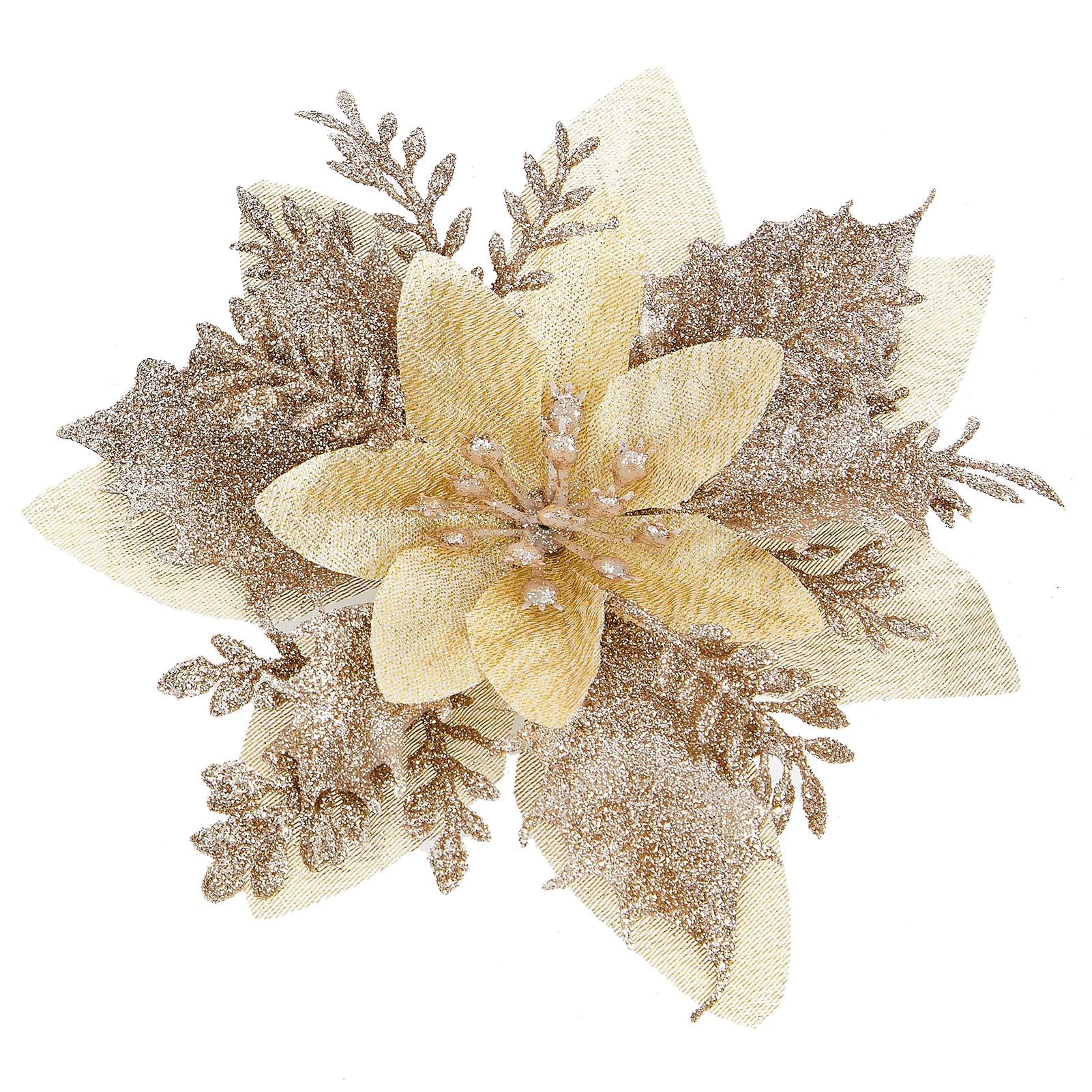 Photo 1 of 15Pcs Christmas Poinsettia Artificial Flowers Decorations, Glitter Poinsettia Christmas Tree Ornaments, Champagne Tree Flowers for Xmas/Holiday/Wreath/Garland Decor, with Cilps, 5.5 Inch