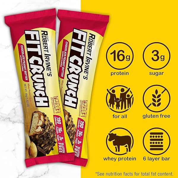FITCRUNCH SNACK SIZE PROTEIN BARS, DESIGNED BY ROBERT IRVINE, 6-LAYER BAKED BAR, 3G OF SUGAR, GLUTEN FREE & SOFT CAKE CORE (18 BARS, CHOCOLATE PEANUT BUTTER)