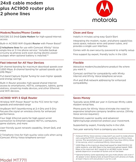 Motorola Mt7711 24x8 Cable Modem Router With Two Phone Ports Docsis 3 0 Modem And Ac1900 Dual Band Wifi Gigabit Router For Comcast Xfinity Internet And Voice Amazon Ca Computers Tablets