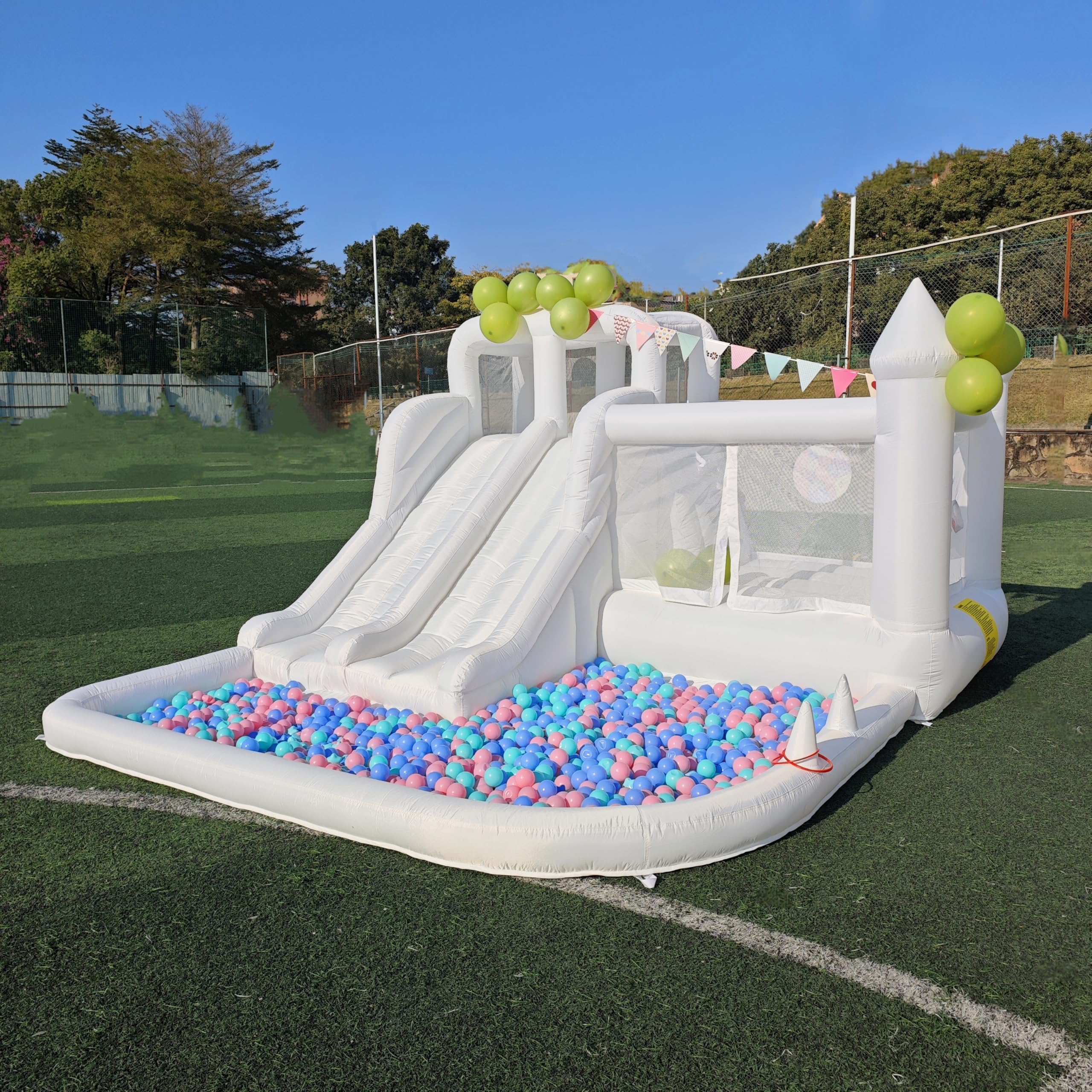 Photo 1 of 12.5 FT Oxford White Bounce House Bouncing Castle with Two Slides Inflatable Bounce House for Kids with Large Ball Pits Suitable Birthday Party Holiday Decorations and Photography