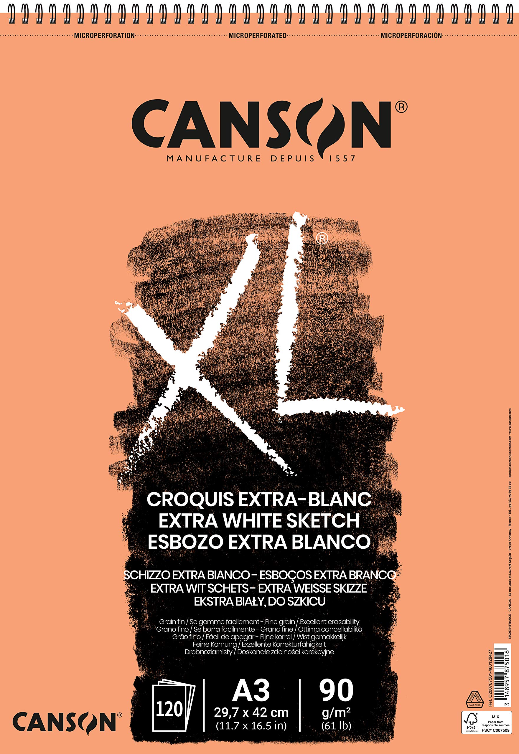 CANSON XL Extra White Sketch 90 A3 Paper, Fine Grain, Spiral Pad Short Side, 120 Sheets, Ideal for Professional Artists & Illustrators