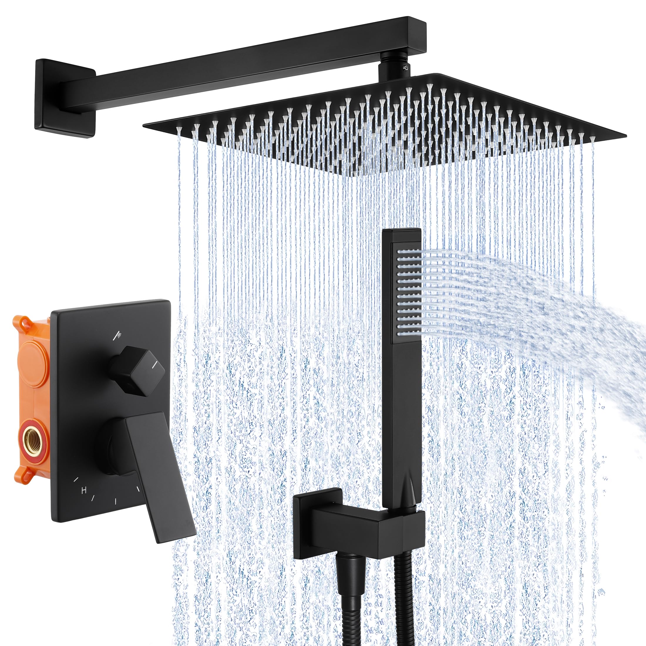 KES Black Shower System 12-Inch Concealed 3-Modes Shower Set for Bathroom Shower Head with Handheld Including Rough-in Valve Body and Trim Kit Square Wall Mounted, X6230S12-BK