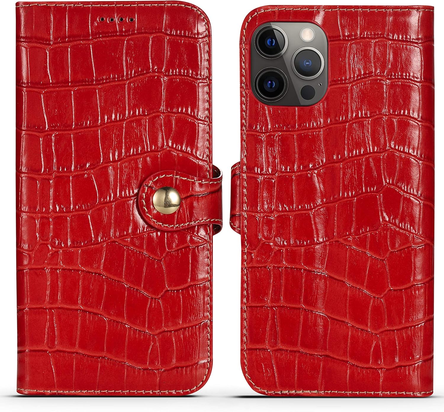 nincyee Genuine Leather Wallet Case for iPhone 12 Pro Max,Classic Crocodile Pattern Real Leather Flip Stand Case Cover with Card Slot Red