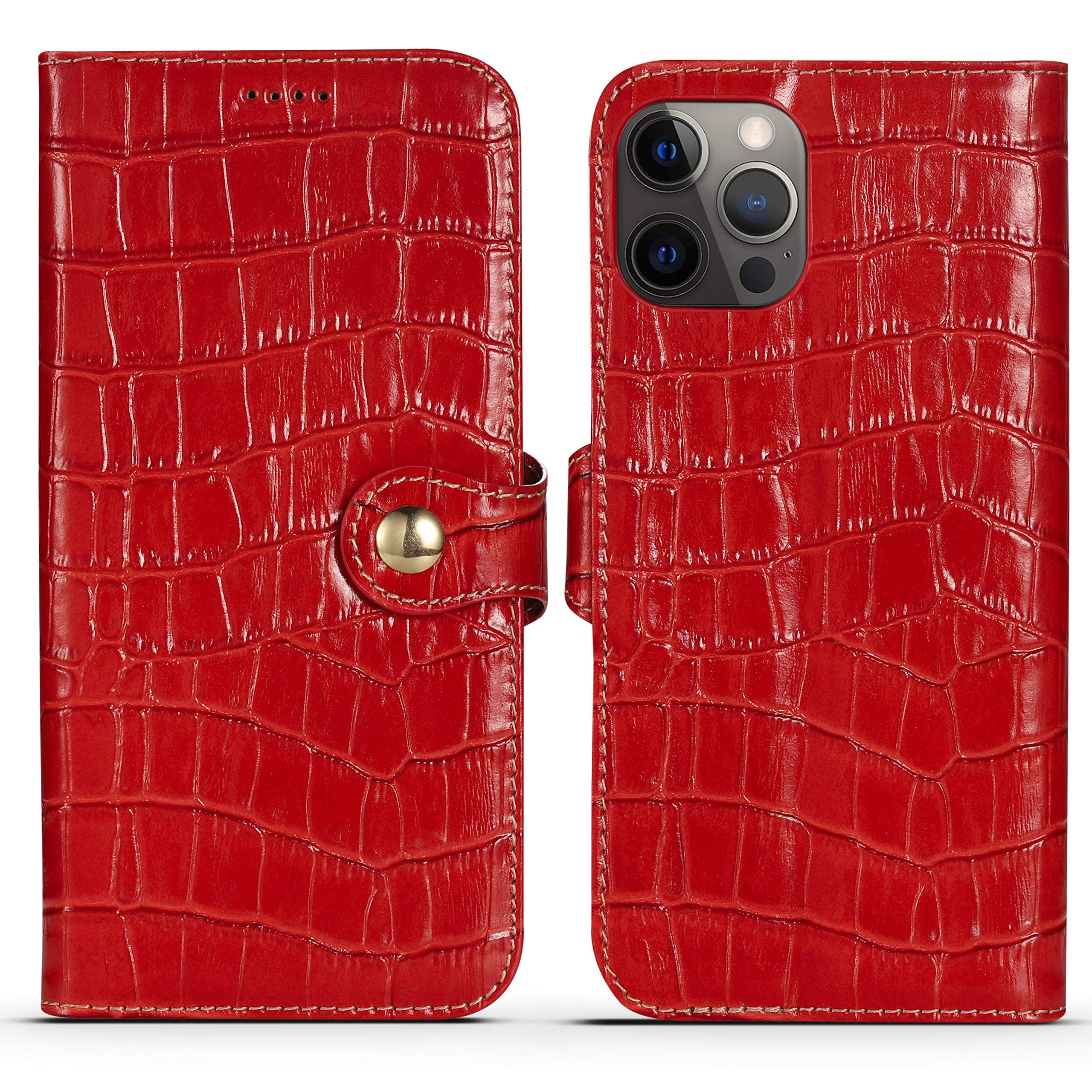 nincyee Genuine Leather Wallet Case for iPhone 12 Pro Max,Classic Crocodile Pattern Real Leather Flip Stand Case Cover with Card Slot Red