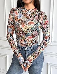 Zeagoo Floral Mesh Long Sleeve Tops for Women Sheer