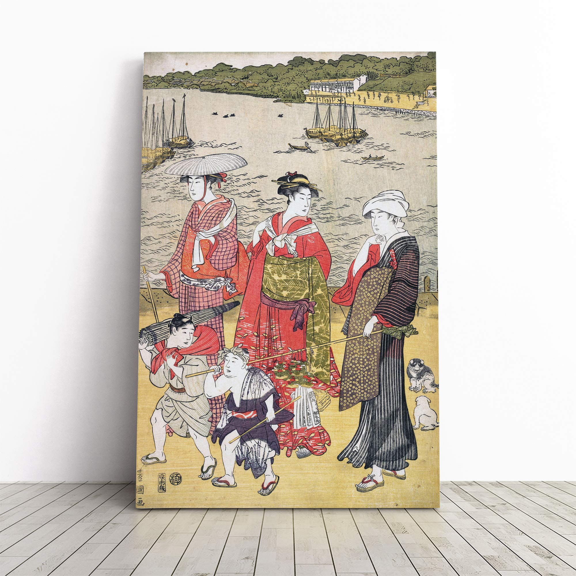 Utagawa Japanese Oriental Women at Takanawa Beach Canvas Print | Gallery Wrapped 30mm Frame Wall Art | 20x14 inches | Ready to Hang | Asian Seascape Picture | Living Room Bedroom Lounge Office