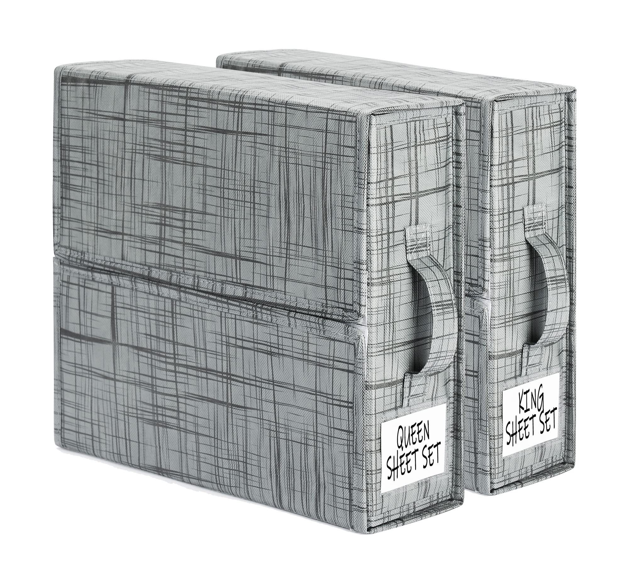 SUOCO SheetCube Foldable Bed Sheet Set Organizer 2 Pack (Queen or King Size), Fabric Storage Bins for Bed Sheets, Duvet Covers and Pillowcases, Linen Closet Organizer for Bedding Clothes Towels, Grey