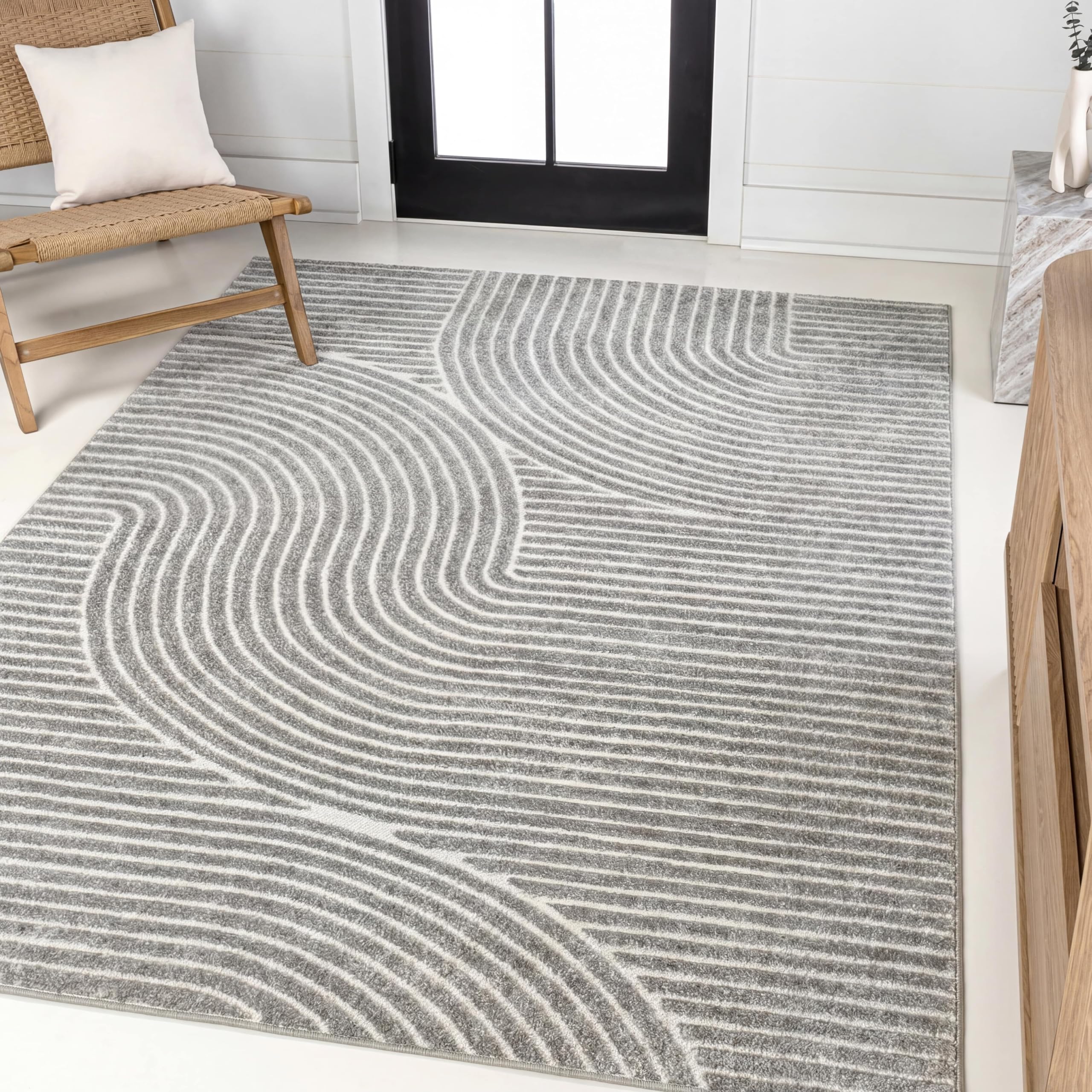 Photo 1 of **USED** JONATHAN Y Hallie High-Low Curve Gray/Ivory Indoor/Outdoor Area Rug, 8x10, Minimalist, Pet Friendly, Non-Shedding, Stain Resistant, Hose-Washable for Backyard, Patio, Porch (SCN100A-8)