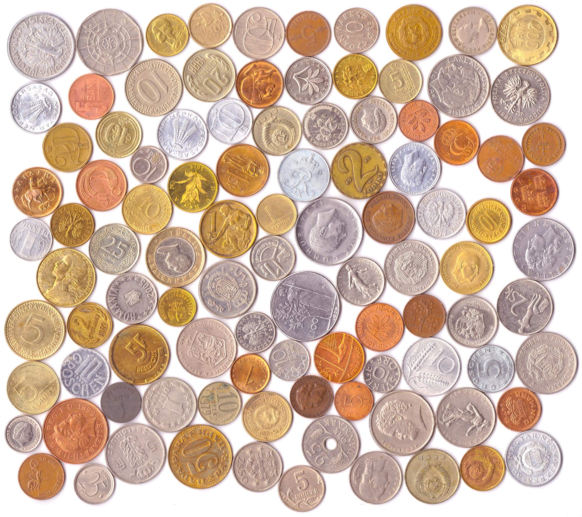 100 Different Foreign Coins Collection Money Set from All Over The Europe. Collectible coins, old coins for your coin album, coin bank or coin holders