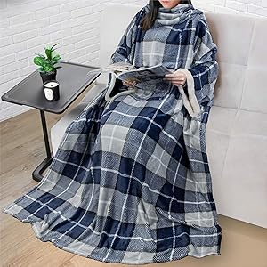 PAVILIA Deluxe Fleece Blanket with Sleeves for Adult, Men, and Women| Elegant, Cozy, Warm, Extra Soft, Plush, Functional, Lightweight Wearable Throw (Plaid Navy)