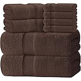 White Classic Luxury Bath Towel Set of 8 Pieces - 100% Turkish Cotton Highly Absorbent Towels for Bathroom, 2 Luxury Bath Towels 700GSM, 2 Hand Towels, 4 Washcloths, Brown