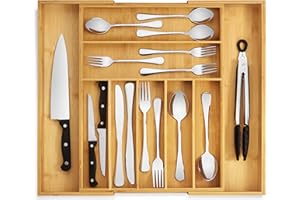 Premium Bamboo Silverware Organizer - Expandable Kitchen Drawer Organizer and Utensil Organizer, Perfect Size Cutlery Tray wi